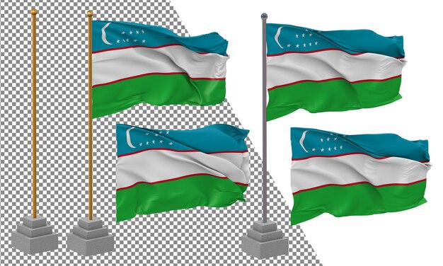 PSD bandiera dell'uzbekistan che sventola uno stile diverso con un palo di supporto isolato rendering 3d