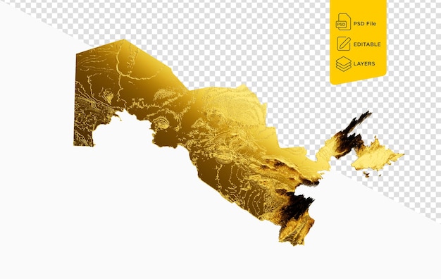 PSD uzbekistan map golden metal color height map on white background 3d illustration