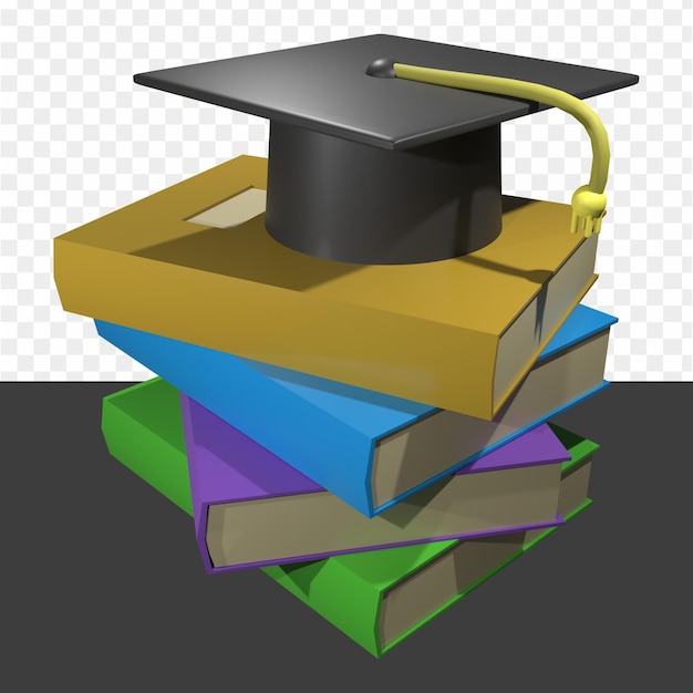 Üzerinde mezuniyet kepi olan bir kitap yığını