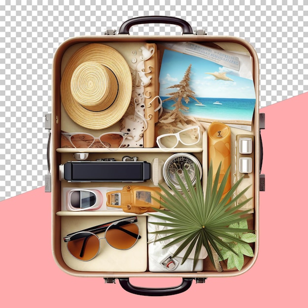 PSD vacation essentials in a suitcase isolated object transparent background