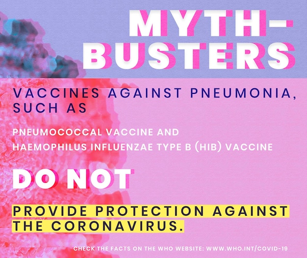 Vaccini contro i miti della polmonite durante la pandemia di coronavirus fonte modello sociale who mockup