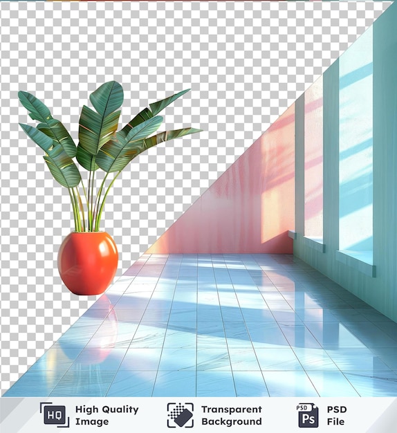 PSD 白と青の壁で囲まれたタイルの床に赤い花瓶の緑の植物を持つ真空室