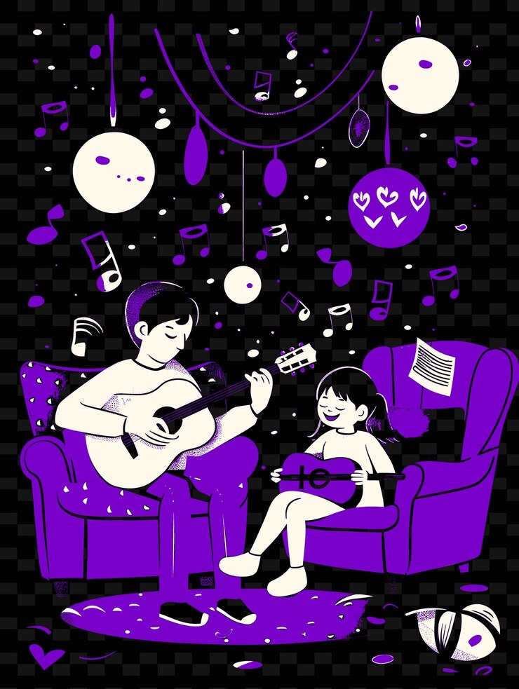 PSD vader en dochter spelen samen gitaar in een gezellige kamer w png illustration art work designs
