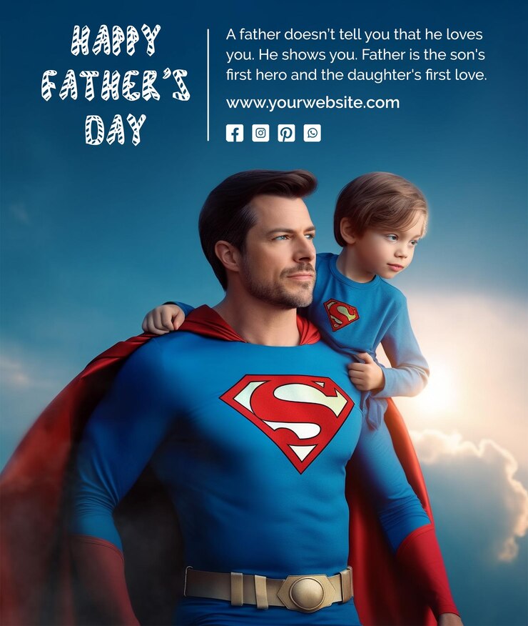 Vadersdag concept vader en zijn zoon dragen super man stijl doek op lichtblauwe achtergrond
