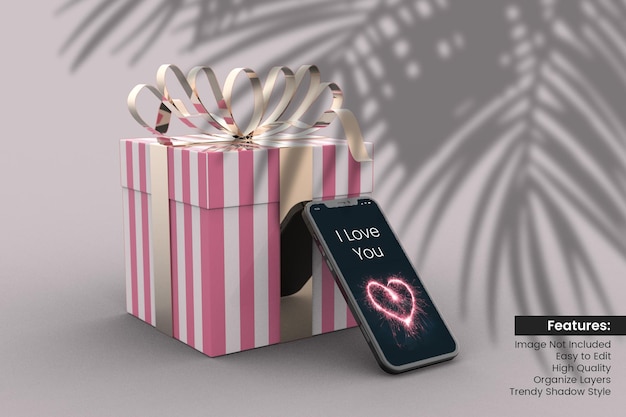 PSD valentijnsdag 3d geschenkdoos met smartphone mockup