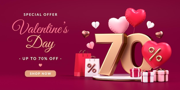 Valentijnsdag aanbieding flyer met 70 procent korting harten en geschenken in 3D-weergave