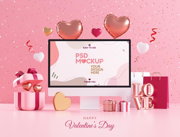 Valentijnsdag computerscherm mockup met hartjes ballonnen en feestelijke spullen in 3D illustratie