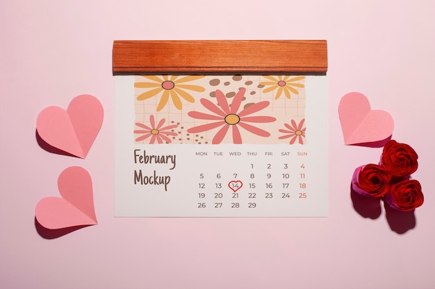 Valentijnsdag kalender mockup met harten en bloemen