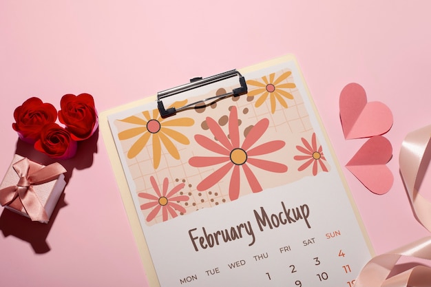 PSD valentijnsdag kalender mockup met harten en bloemen