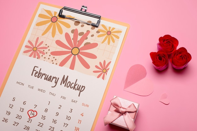 PSD valentijnsdag kalender mockup met harten en bloemen