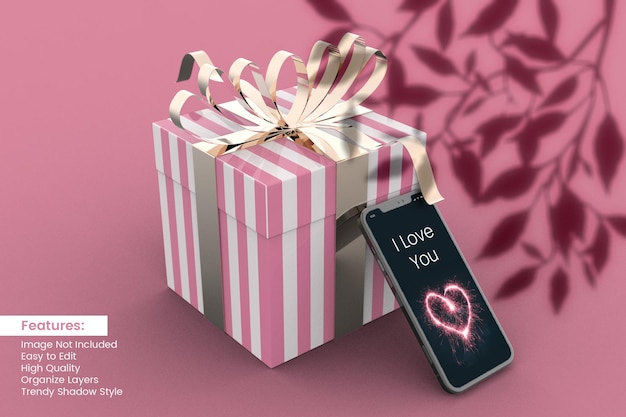 PSD valentijnsdag liefde 3d-rendering geschenkdoos mockup-ontwerp met smartphone