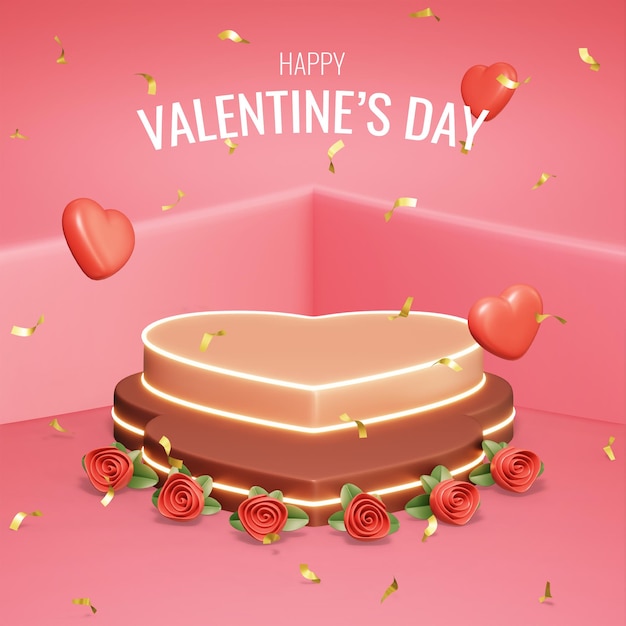 Valentijnsdag product display roze achtergrond met schattig 3D-rendering podium
