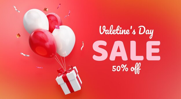 PSD valentijnsdag sale 50 off banner sjabloon met een vliegend geschenk op ballonnen