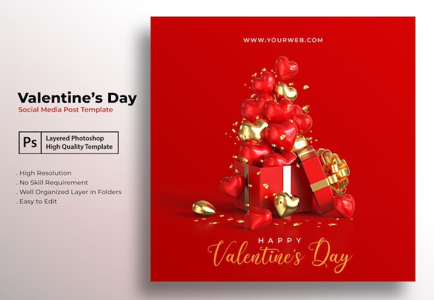 PSD valentijnsdag social media post-sjabloon met 3d-romantische valentijnsversieringen