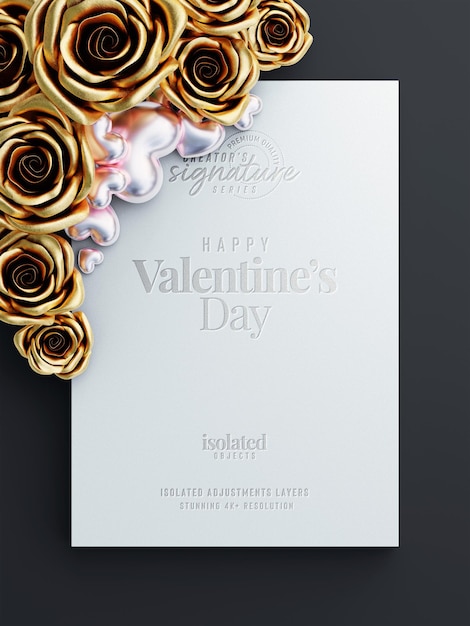 Valentijnsdag uitnodiging flyer mockup met decoratieve rozen en liefdesharten bovenaanzicht scène