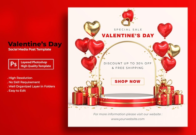 PSD valentijnsdag verkoop promotie sociale media post sjabloon met 3d-romantische valentijn decoraties