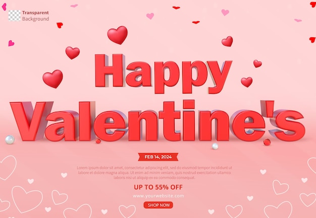 Valentijnsdag verkoop sjabloon met 3d rendering gelukkige valentijnsdagen tekst met rode harten