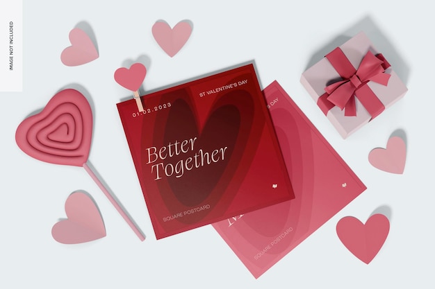 Valentijnsdag vierkante ansichtkaarten Mockup, bovenaanzicht