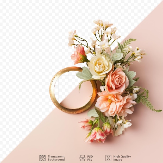 PSD valentijnsdagviering met een paar bloemen en houten ringen in een creatieve decoratie met natuurthema
