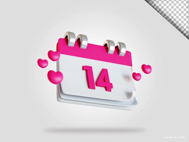 Illustrazione di rendering 3d del calendario 14 di san valentino isolato