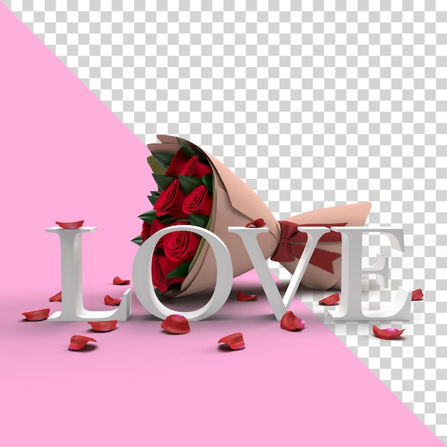 Mockup di parola di amore di san valentino 3d con fiori e petali di rosa