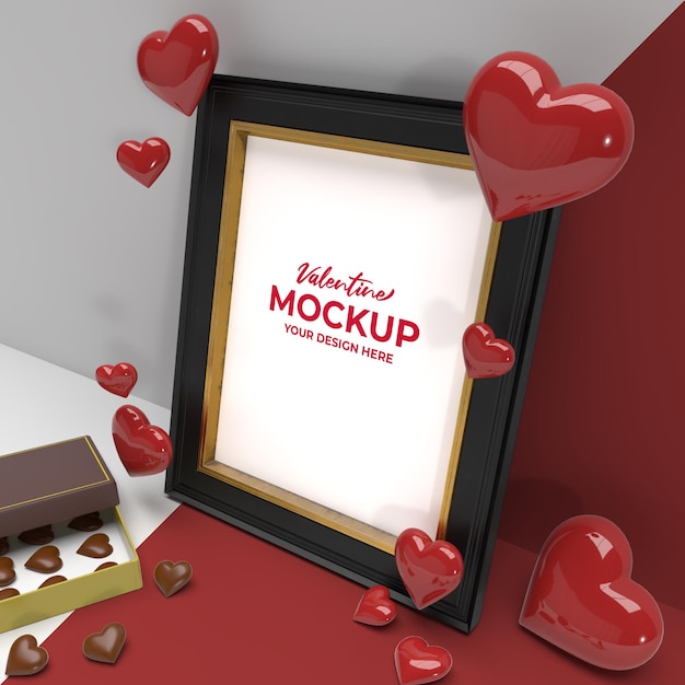 Valentine 3d photo frame romantico con fiore di cioccolato e mockup di ornamento del cuore