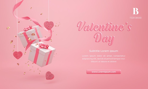 Valentine banner. Pink Background. Design of gifts box. Poster, greeting card, headers for website. 3d render.