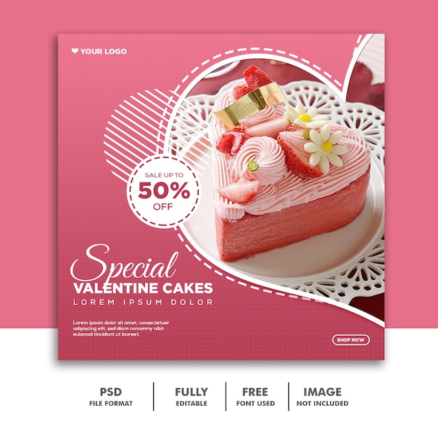 PSD valentine banner social media post instagram, food cake pink glamour