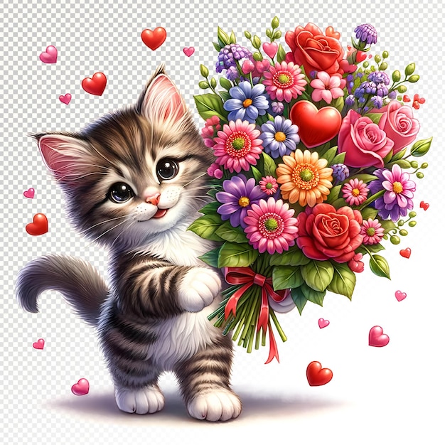 PSD valentine cute cat with flowers clipart transparent background psd