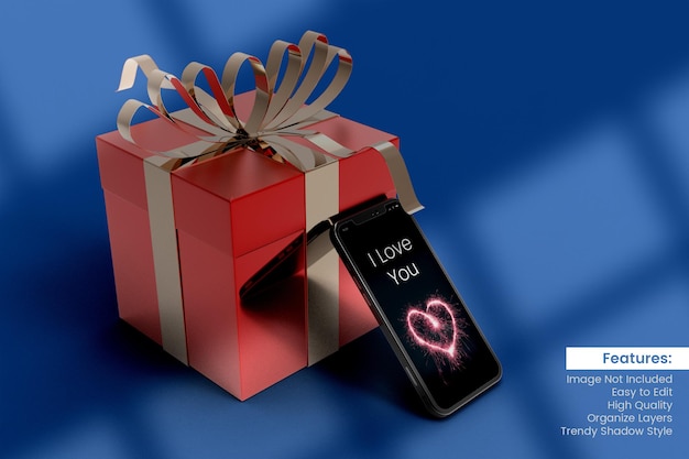 PSD mockup di confezione regalo di rendering 3d di san valentino con mockup di smartphone