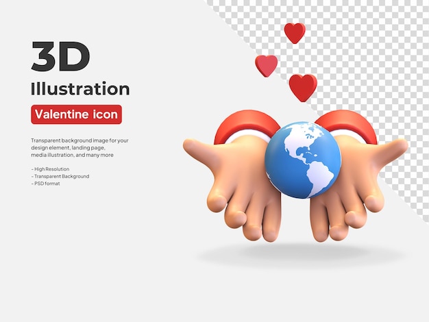 PSD valentine day icon hand holding world with love symbol 3d render illustration