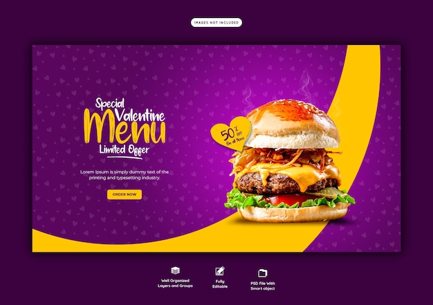 Valentine delicious burger and food menu web banner template