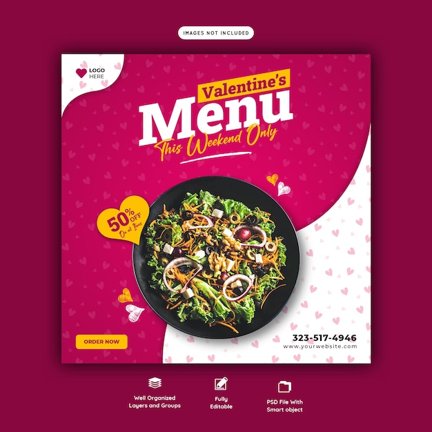 Valentine food menu and restaurant social media banner template