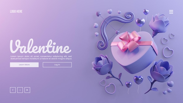PSD valentine landing page template with heart shaped gift box 3d rendering illustration