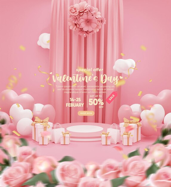 valentine pink podium with pink blossom luxury flowers and gift boxes celebrate banner invitation va