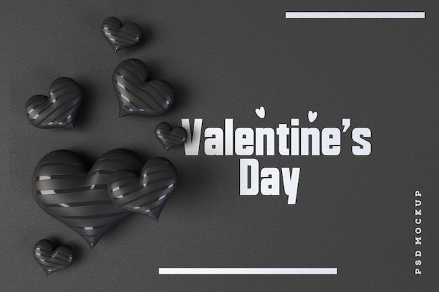 PSD mockup di sfondo di san valentino con vista dall'alto a forma di cuore 3d in colore nero, grigio e bianco