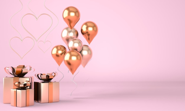 Valentine's Day. Background with realistic festive gifts box. Romantic present. Golden hearts. 3d render.