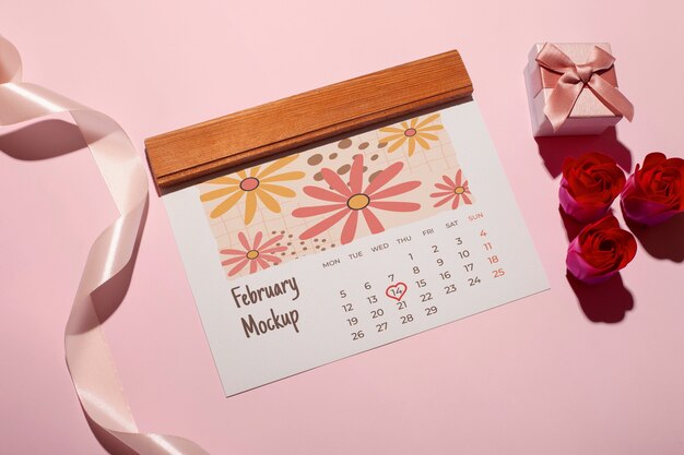 PSD valentine's day calendar mockup with gift box