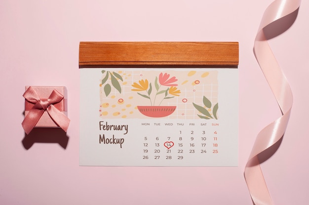 PSD valentine's day calendar mockup with gift box