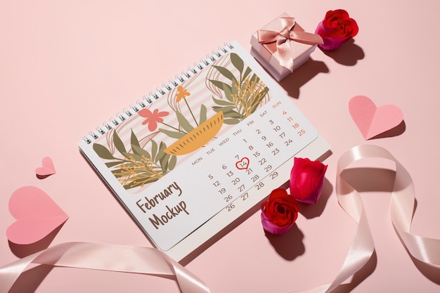 PSD valentine's day calendar mockup with hearts and flowers