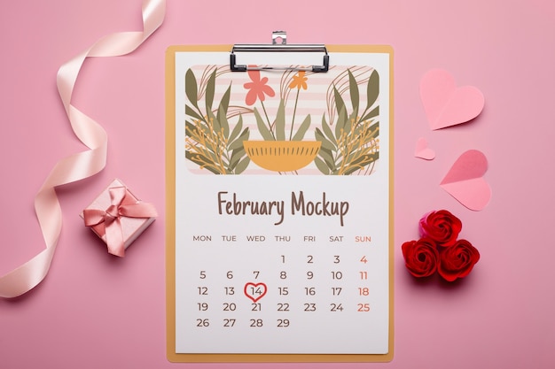 PSD valentine's day calendar mockup with hearts and flowers