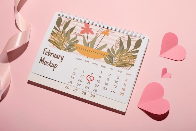 PSD valentine's day calendar mockup with hearts and ribbon