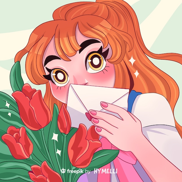 PSD valentine's day celebration illustration with woman receiving flowers and letter