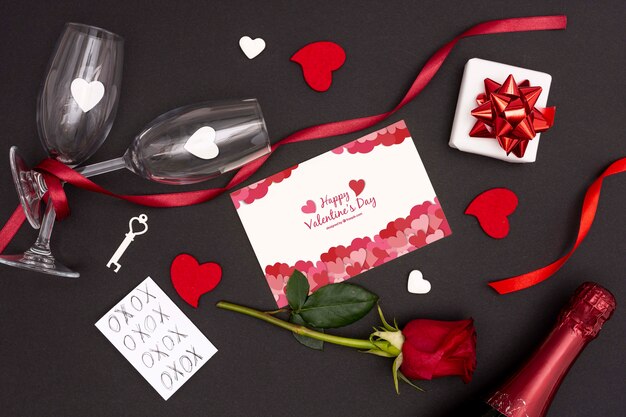 PSD valentine's day concept with rose and champagne glass