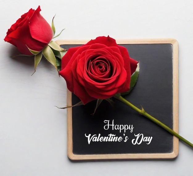 Valentine's day greeting message on blackboard with red rose