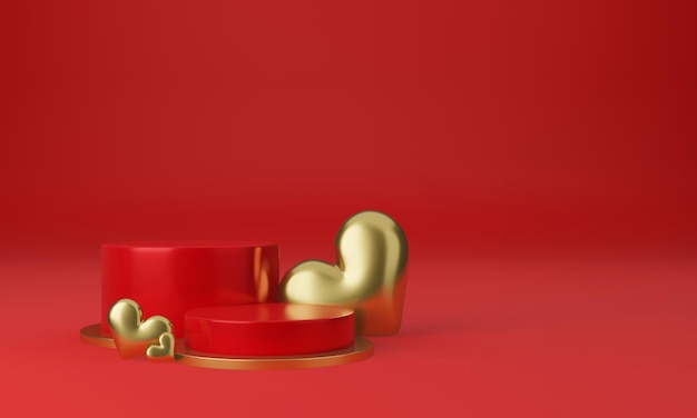 valentine's day interior with red platform, hearts, stand, podium, pedestal for goods