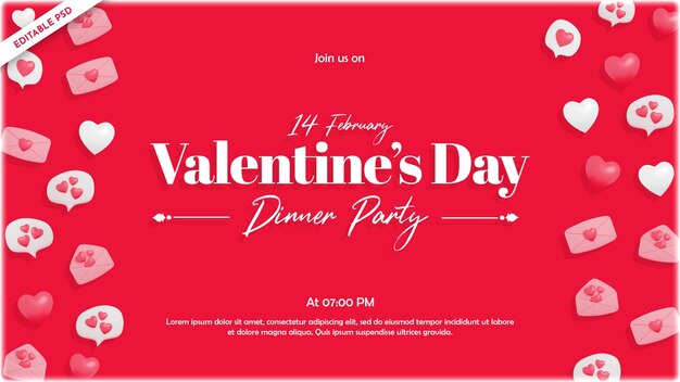 PSD valentine's day invitation template wide with heart and love icons