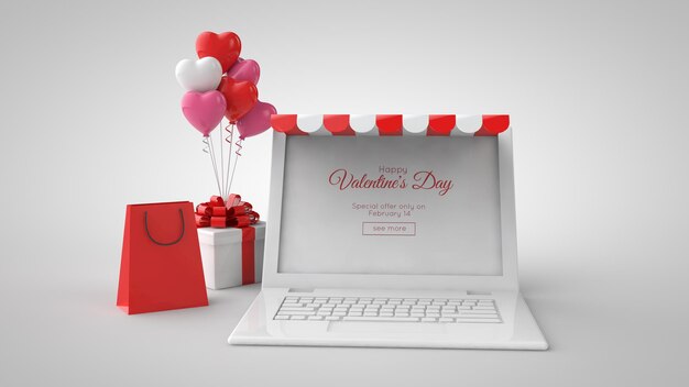 Modello di acquisto e vendita online di san valentino. illustrazione 3d. laptop, regali, shopping bag e palloncini.