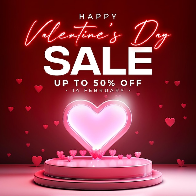 PSD valentine's day sale instagram template with podium that stands on the valentine for product