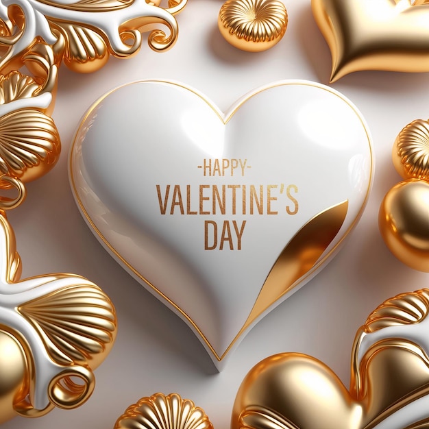 Valentine's day white and gold with heart 3d background social media template